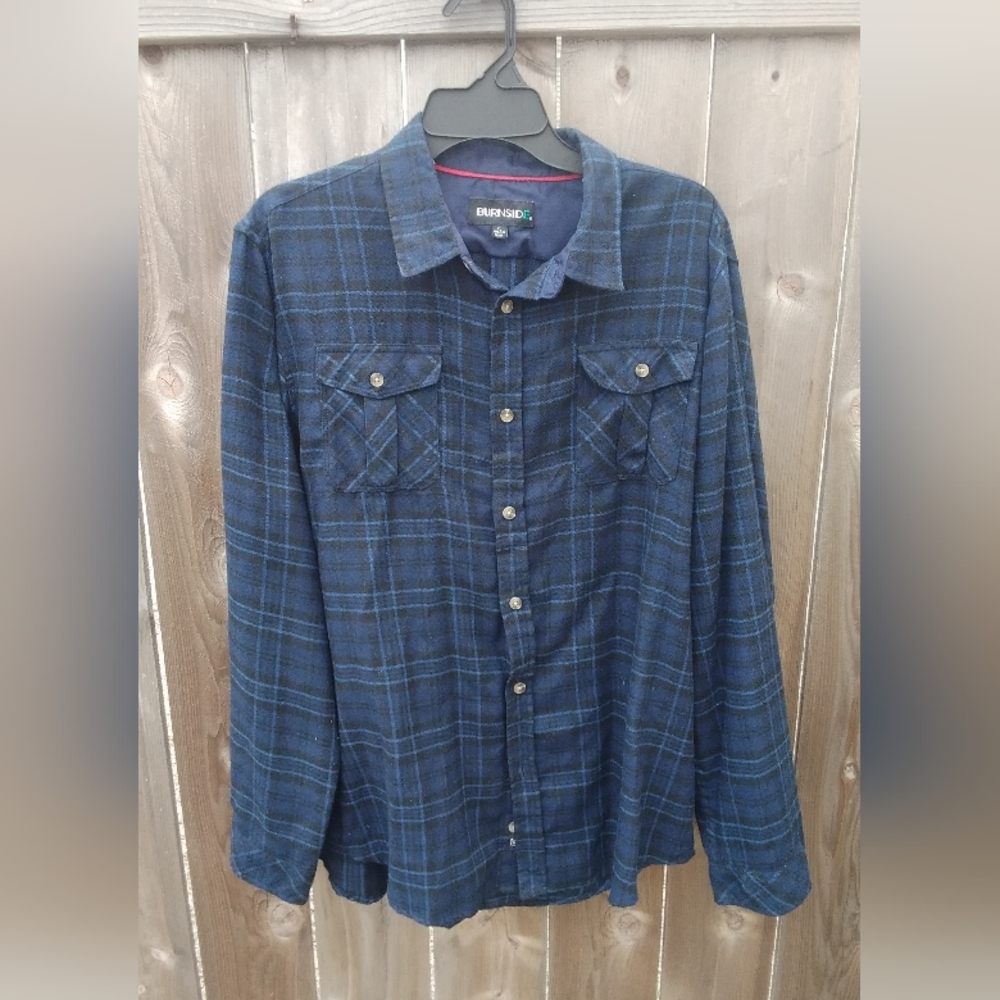 Burnside Blue Plaid Button Up Shirt Men XL Pocket Long Sleeve